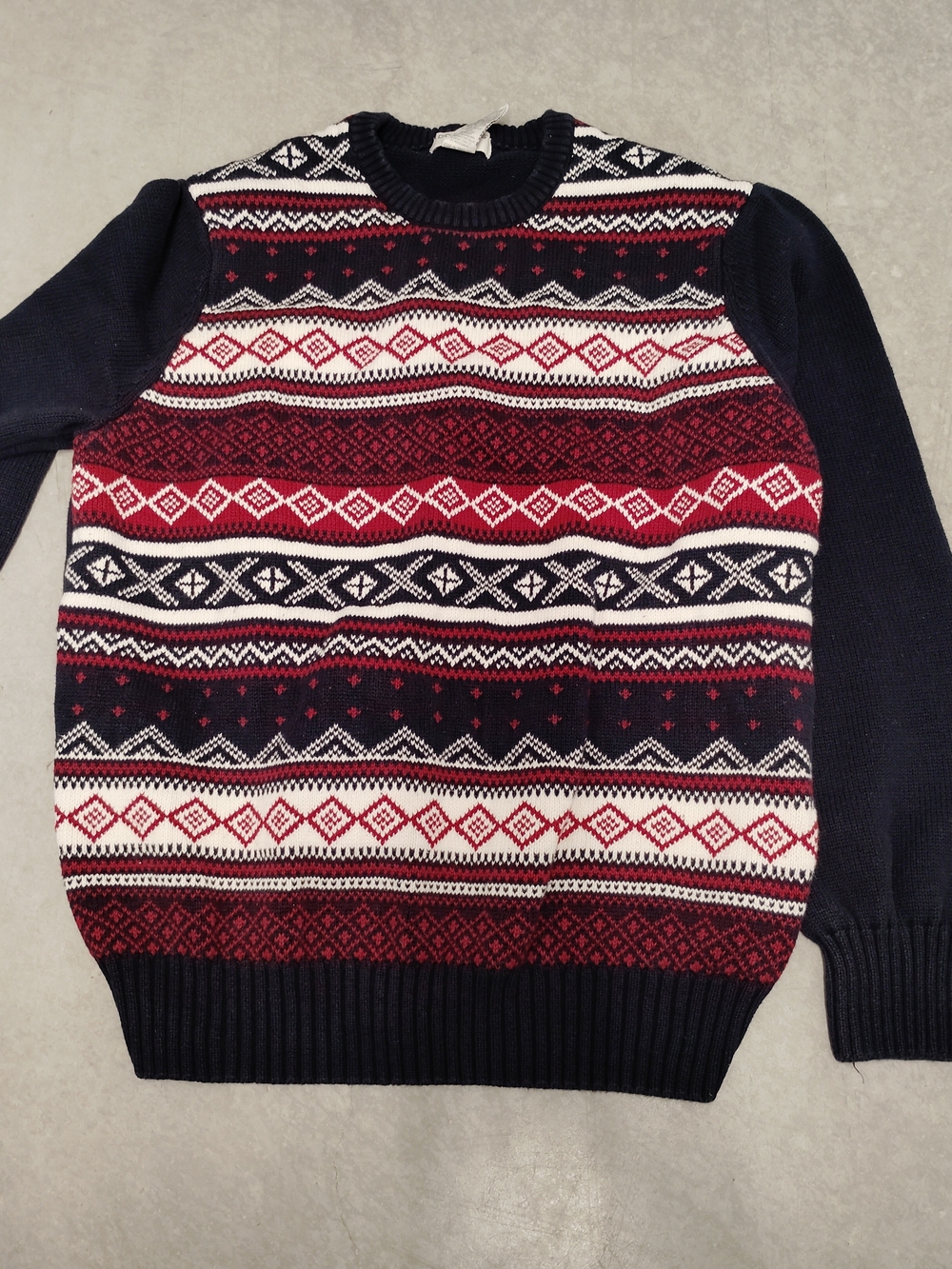 M Dockers Men's Navy and Red Fair Isle Knit Sweater